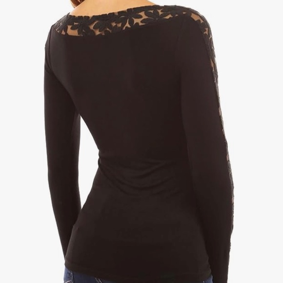 🖤 PattyBoutik Women Boat Neck Lace Inset Long Sleeve Blouse - Picture 3 of 8